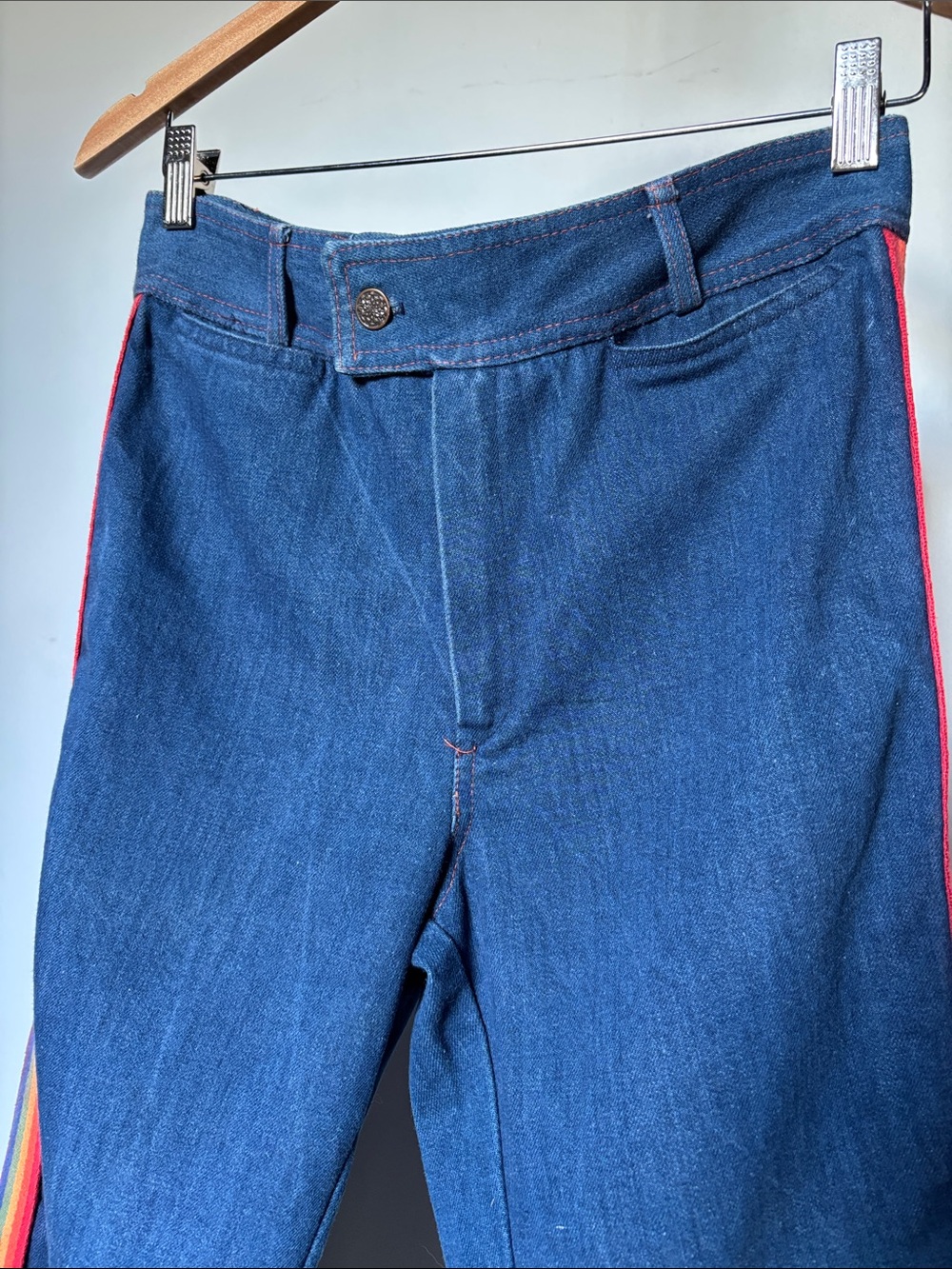Vintage Navy Flare Jeans with Rainbow Track Side Stripe Size 6 RARE - Picture 2 of 9